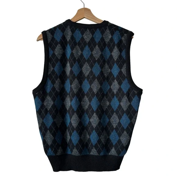 Mens Argyle V Neck Sweater Vest Blue Black Gray Sleeveless Knit Top Size M - Picture 3 of 4